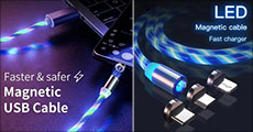 3 i 1 magnetisk LED opladerkabel med USB og 360 graders rotation. Fås i flere farver. Værdi kr. 219,-